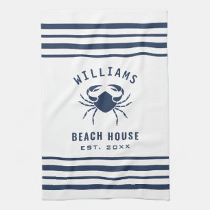 Beach House Familienname Crab Navy Blau und Weiß Geschirrtuch