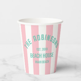 Beach House Familienname Pink Cabana Strip Napki Pappbecher