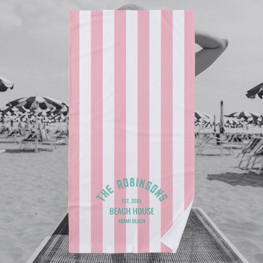 Beach House Familienname Pink Cabana Strip Strandtuch
