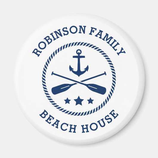 Beach House & Family Name Anchor Oars Stars Runde Magnet (Vorne)