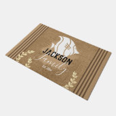 Beach House Fish Burlap Familienname Fußmatte (Schrägansicht)