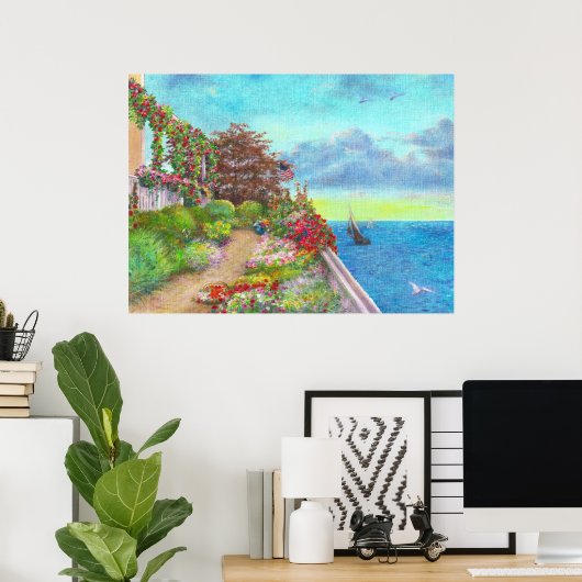 Beach House Garden mit Sailboat Poster (Heimbüro)