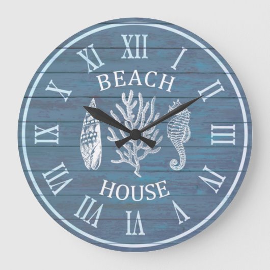 Beach House Gray Blue Wood Corod Seepferd Large Cl Große Wanduhr (Vorderseite)