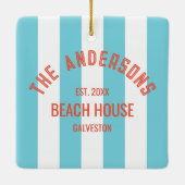 Beach House Individuelle Name Blue Cabana Stripe Keramikornament (Rückseite)