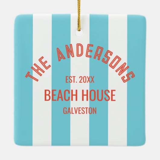 Beach House Individuelle Name Blue Cabana Stripe Keramikornament (Rückseite)