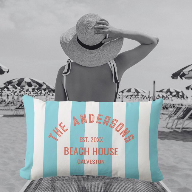 Beach House Individuelle Name Blue Cabana Stripe Kissen Für Draußen (Von Creator hochgeladen)