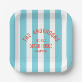 Beach House Individuelle Name Blue Cabana Stripe Pappteller