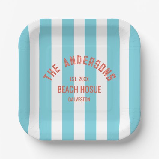 Beach House Individuelle Name Blue Cabana Stripe Pappteller (Vorderseite)