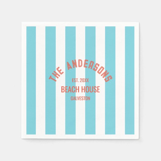 Beach House Individuelle Name Blue Cabana Stripe Serviette (Vorderseite)