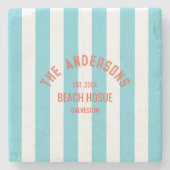 Beach House Individuelle Name Blue Cabana Stripe Steinuntersetzer (Vorderseite)