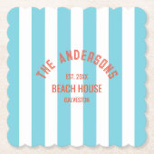 Beach House Individuelle Name Blue Cabana Stripe Untersetzer (Vorderseite)
