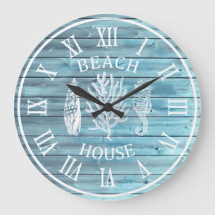 Beach House Light Blue Wood Coral Seepferd Grosses Große Wanduhr