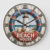 Beach House Lighthouse Rustic Nautical Coastal Große Wanduhr (Vorderseite)