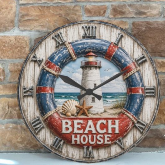 Beach House Lighthouse Rustic Nautical Coastal Große Wanduhr