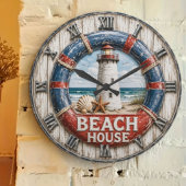 Beach House Lighthouse Rustic Nautical Coastal Große Wanduhr