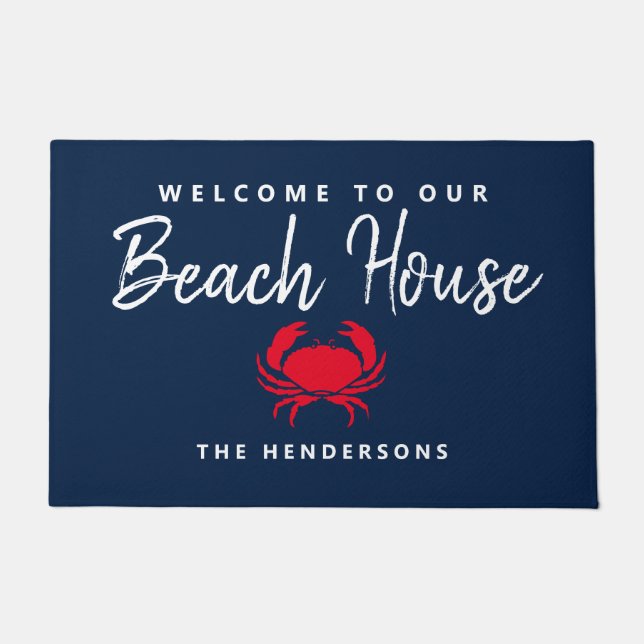 Beach House Nauavy Blue Red Crab Monogram Fußmatte (Vorderseite)