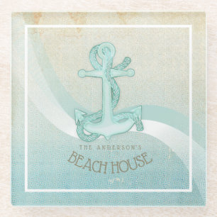 Beach House Nautical Anchor and Rope Aqua ID623 Glasuntersetzer