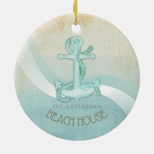Beach House Nautical Anchor and Rope Aqua ID623 Keramik Ornament (Hinten)