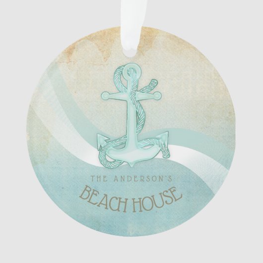 Beach House Nautical Anchor and Rope Aqua ID623 Ornament (Vorderseite)