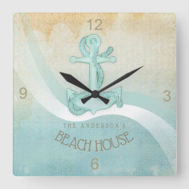 Beach House Nautical Anchor and Rope Aqua ID623 Quadratische Wanduhr