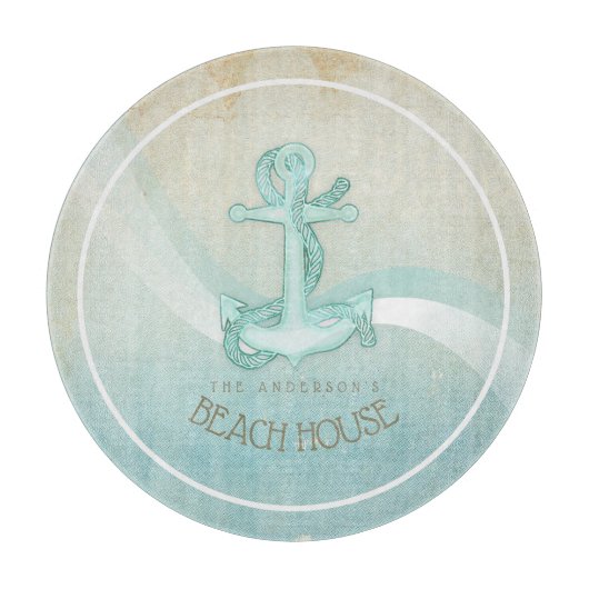 Beach House Nautical Anchor and Rope Aqua ID623 Schneidebrett (Vorderseite)