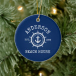 Beach House Nautical Anchor Rope Helm Blue Keramik Ornament<br><div class="desc">Nautical Anchor Rope Star Helm Familie Name Beach House Navy Blue Ornament</div>