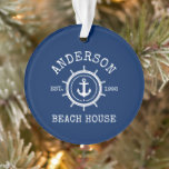 Beach House Nautical Anchor Rope Helm Blue Ornament<br><div class="desc">Nautical Anchor Rope Star Helm Familie Name Beach House Navy Blue Ornament</div>