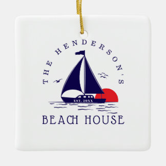 Beach House Nautical boat Sunset navy blue Keramikornament