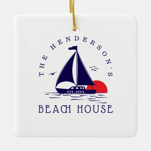 Beach House Nautical boat Sunset navy blue Keramikornament (Vorderseite)