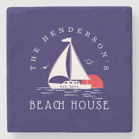 Beach House Nautical boat Sunset navy blue Steinuntersetzer (Vorderseite)