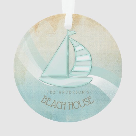 Beach House Nautical Sailboat Aqua Blue ID623 Ornament (Rückseite)