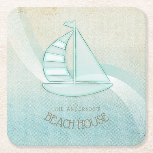 Beach House Nautical Sailboat Aqua Blue ID623 Rechteckiger Pappuntersetzer (Vorderseite)