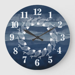 Beach House Navy Blue Fish Ocean Large Clock Große Wanduhr