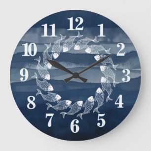 Beach House Navy Blue Fish Ocean Large Clock Große Wanduhr