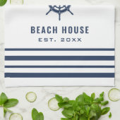 Beach House Navy Blue White Nautic Familienname Geschirrtuch (Gefaltet)