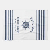 Beach House Navy Blue White Nautic Familienname Geschirrtuch (Horizontal)