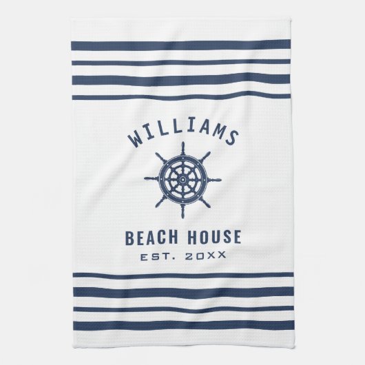 Beach House Navy Blue White Nautic Familienname Geschirrtuch (Vertikal)