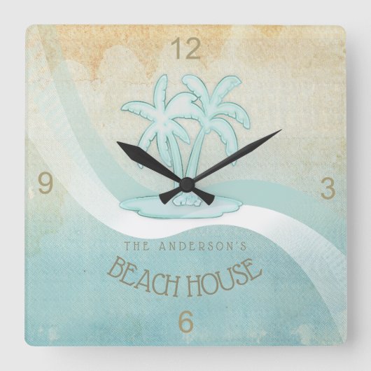 Beach House Palm Trees Aqua ID623 Quadratische Wanduhr (Vorderseite)