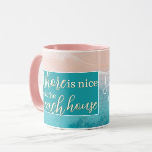 Beach House Pun Elegantes Skript benutzerdefiniert Tasse (Vorderseite Links)
