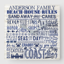 Beach House Rules Custom Family Name Blue Coastal Quadratische Wanduhr