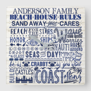 Beach House Rules Custom Family Name Blue Coastal Quadratische Wanduhr