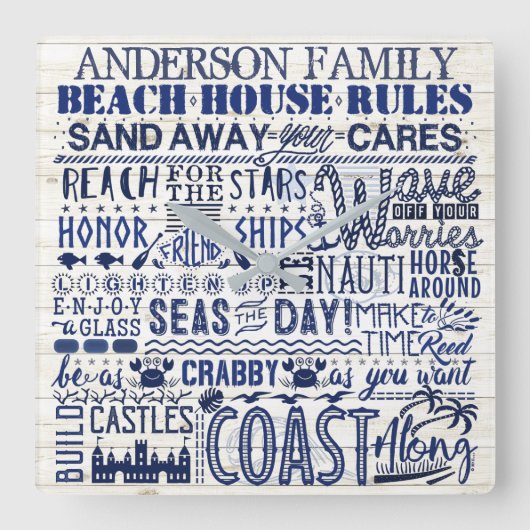 Beach House Rules Custom Family Name Blue Coastal Quadratische Wanduhr (Vorderseite)
