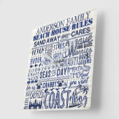 Beach House Rules Custom Family Name Blue Coastal Quadratische Wanduhr (Winkel)