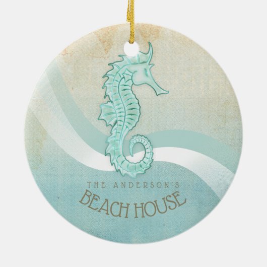 Beach House Seepferd Aqua Blue ID623 Keramik Ornament (Hinten)