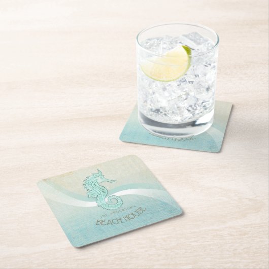 Beach House Seepferd Aqua Blue ID623 Rechteckiger Pappuntersetzer (Vor Ort)