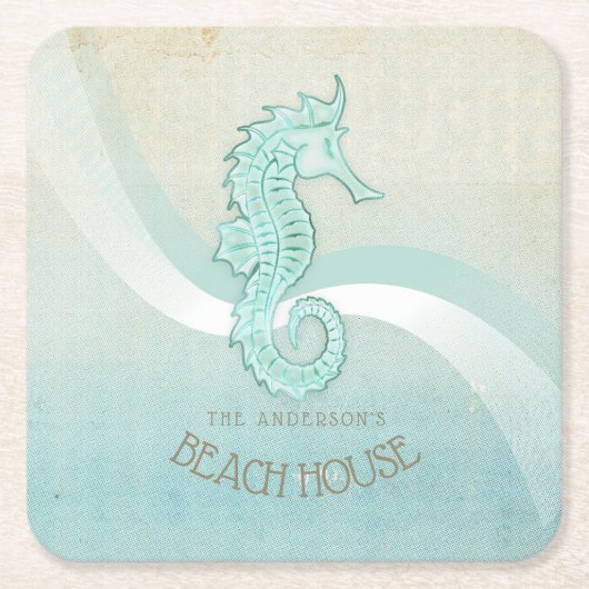 Beach House Seepferd Aqua Blue ID623 Rechteckiger Pappuntersetzer (Vorderseite)