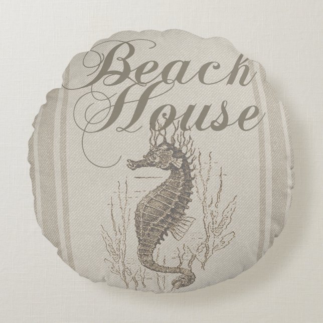 Beach House Seepferd Seashore Rundes Kissen (Vorderseite)