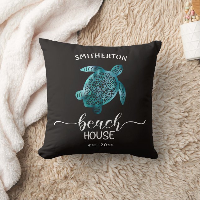 Beach House Turquoise Turtle Black Name Family Kissen (Decke)