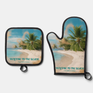 Beach House Vibes Personalisiertes Geschenk Ofenhandschuh & Topflappen-Set