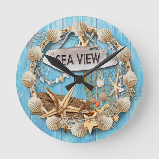 Beach Hut/Beach House Clock, Sea View Runde Wanduhr (Vorderseite)